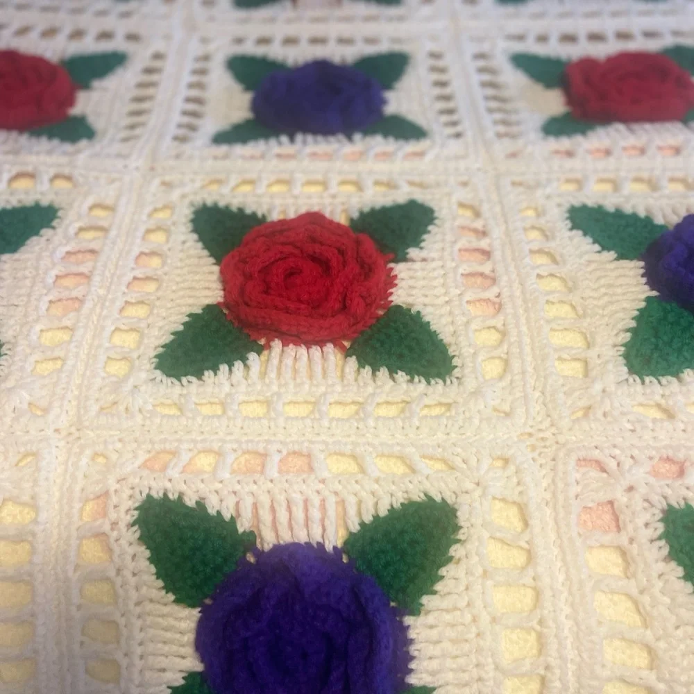 Handmade Crochet‎ Blanket with 3-D Rose Design